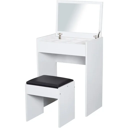 "Vanity table with folding mirror and stool white/black image"