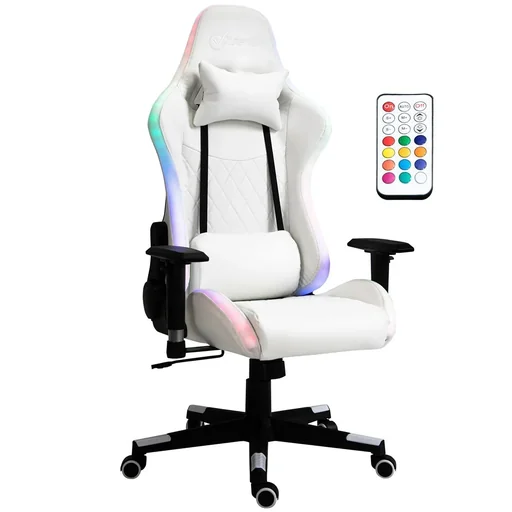 "Gaming chair with RGB LED lighting ergonomic with cushion backrest adjustable white+black 68 x 68 x 126-136 cm image"