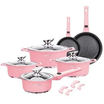 "Cast aluminum cookware - 14 pieces, including lids and handles - Pink image"