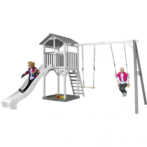 "Beach Tower play tower with double swing - white slide image"