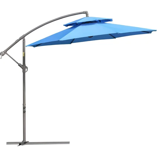 "Parasol Ø2.67 x 2.7 m cantilever parasol with double roof cross base steel outdoor polyester blue image"
