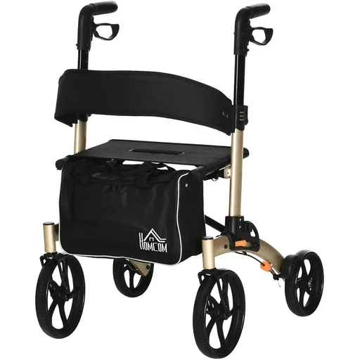 "Rollator with chair Foldable walking frame Walking aid for seniors with 4 wheels Storage space Brake Height adjustable Lightweight image"