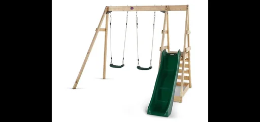 "Wooden climbing frame Tamarin, outdoor climbing frame for children, double swing, ladder, slide, natural image"