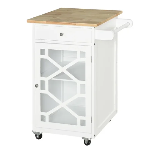 "Kitchen trolley, serving trolley with 1 drawer, cabinet for kitchens, rubber wood, pine wood, MDF, natural + white, 63 x 45 x 86  image"