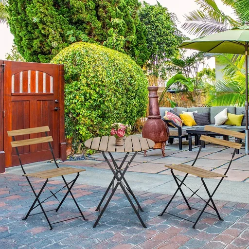 "3-piece bistro set, foldable, solid wood + steel frame, natural color image"