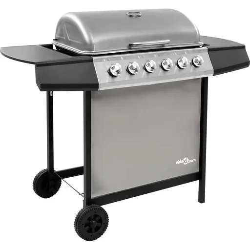 "Gas grill with 6 burners black and silver image"