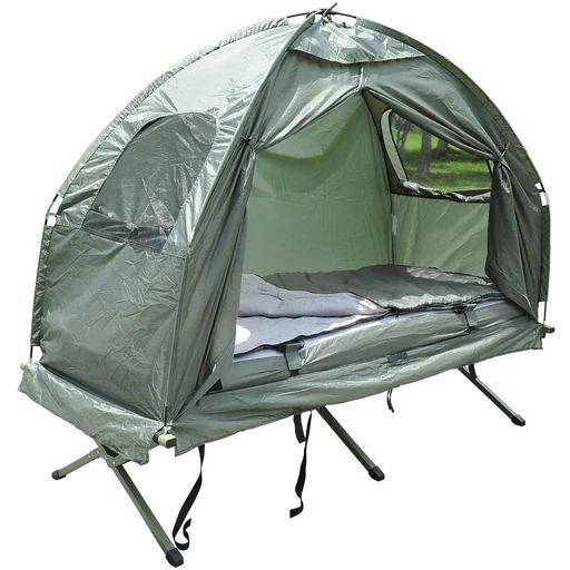 "Camping bed set with tent sleeping bag mattress 4 in 1 foldable dark green image"