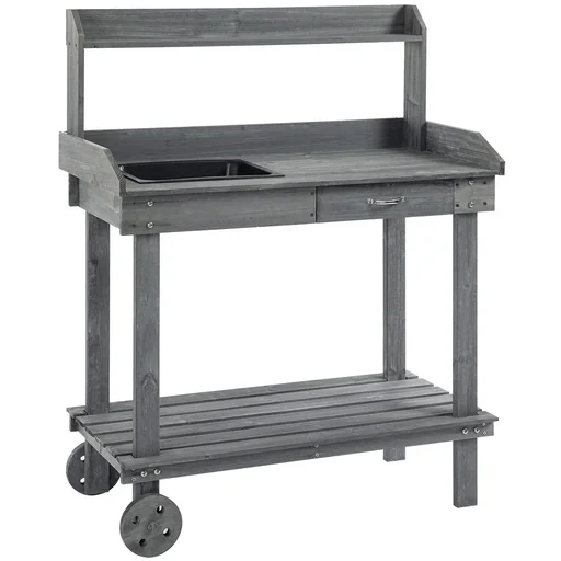 "Planting table with drawer 2 levels gardening table with sink and wheels garden fir wood gray 92 x 45 x 119 cm image"