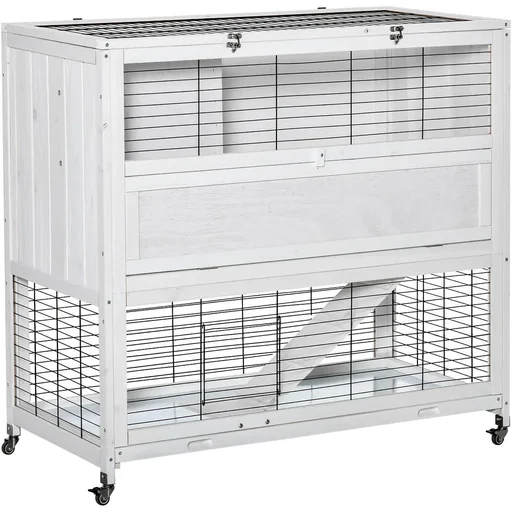 "Rabbit hutch with wheels, rabbit house with free-run ramp, rodent cage, small animal hutch, double-storey for 1-2 rabbits image"