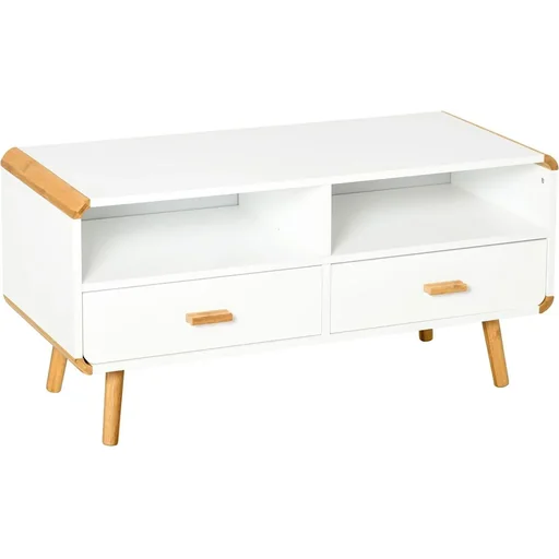"TV cabinet with 2 drawers and open shelves white image"