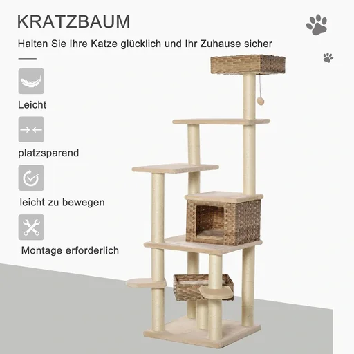 "Rattan scratching post with cat cave hammock multi-level cat tree climbing tree for cats E1 MDF sisal beige+brown 55 image"
