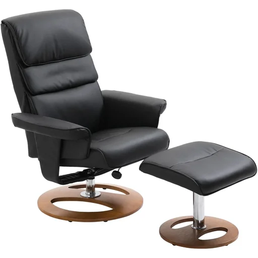 "Relaxing chair with stool TV chair 360° rotatable 120° tiltable PU cover wooden base black 81 x 76 x 103 cm image"