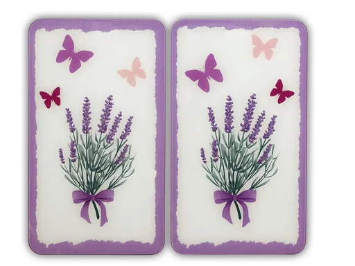 "3-in-1 stove cover plates, cutting boards, worktops, glass, lavender bouquet design, each 52 x 30 cm, set of 2 image"