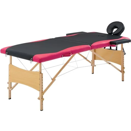 "Folding massage table with 2 zones made of wood, black and pink image"