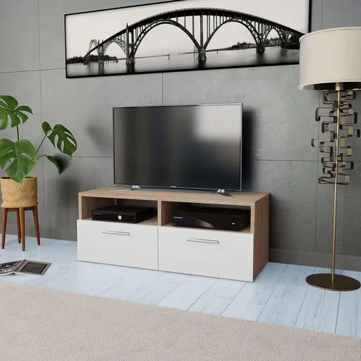 "TV cabinet 95x35x36 cm chipboard oak-colored and white image"
