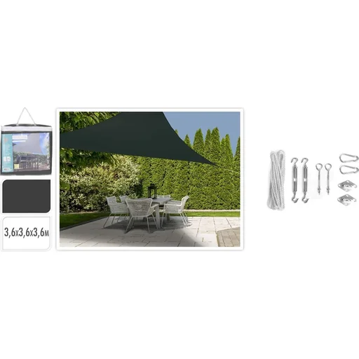 "Shade cloth triangle dark grey including Perel fixing kit - 3.6x3.6x3.6m image"