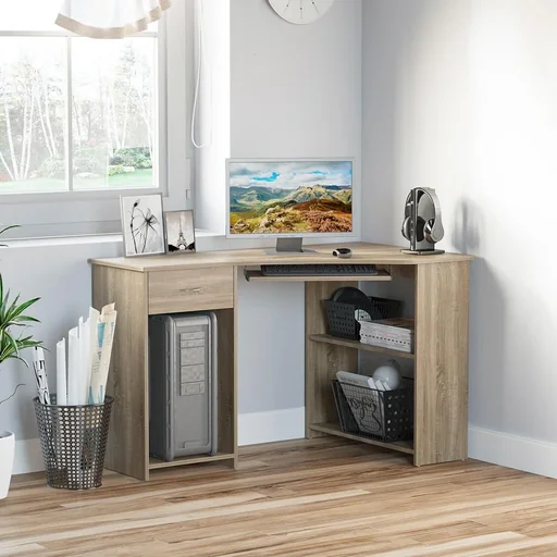 "Corner desk with 2 shelves L-shaped desk computer desk with keyboard tray drawer CPU stand E1-Sp image"