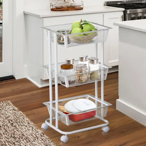 "All-purpose trolley, all-purpose shelf with wheels, kitchen trolley, kitchen shelf, metal shelf, trolley with 3 baskets, carbon steel, white image"