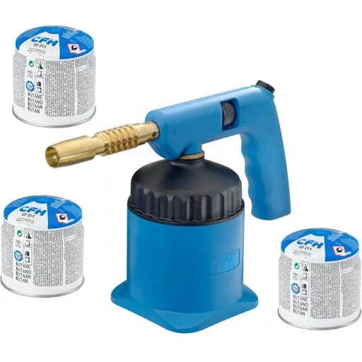 "Soldering torch PZP7000 with 3 gas cartridges, equipped with piezo ignition and usable in all positions image"