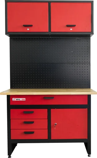 "Workbench with wall cabinet and pegboard image"