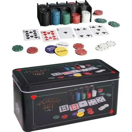"Poker set INCLUDES 200 chips, tablecloth, playing cards and storage box image"