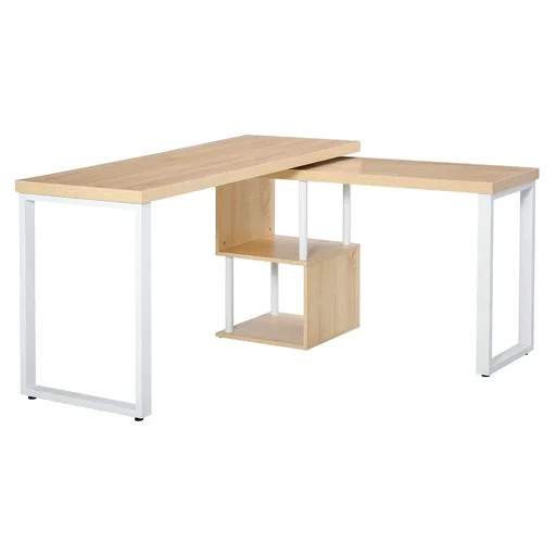 "Corner desk, angle desk, PC table, computer table, office table, L-shaped, 360° rotatable, MDF, iron, white + oak, 220 x 55 image"