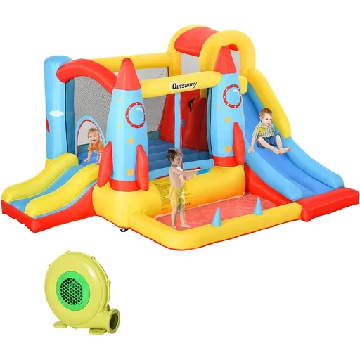 "Children's bouncy castle in rocket design including colorful slide image"