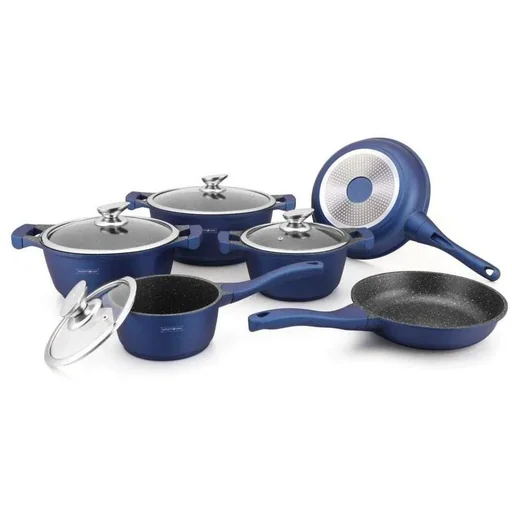 "14-piece marble-coated pan set - With lid - Saucepan - Frying pan - Dark blue image"