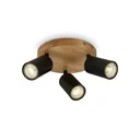 Vintage spotlight 3-bulb, black with wooden canopy, 3 x GU10 socket