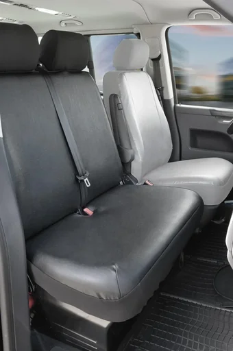 "Fitted seat covers for VW T5 for double bench in front, foldable, made of artificial leather from 09/2009 to today image"