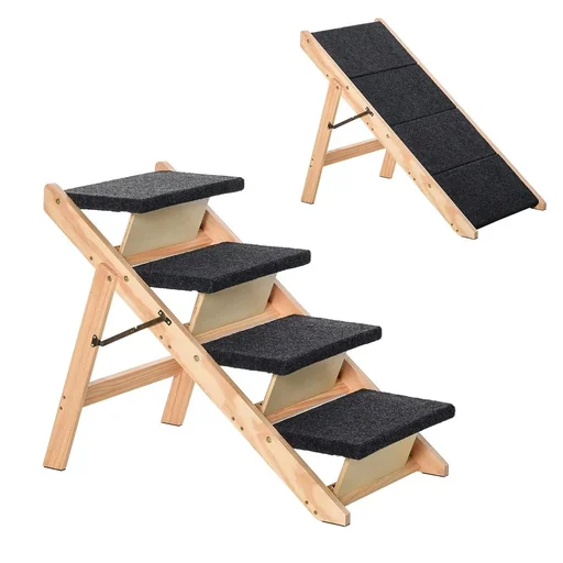 "Pet stairs 2-in-1 dog ramp cat stairs dog stairs foldable animal stairs pinewood natural+black 80 x 47 x 64 cm image"