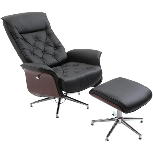 "Relaxing chair with stool, TV chair, upholstered chair, PU cover, wood paneling, metal base, black, 82 x 83 x 110 cm image"