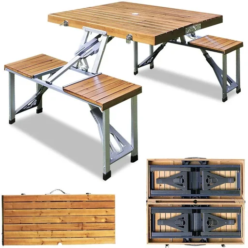 "Folding camping table for 4 people made of wood and aluminum image"