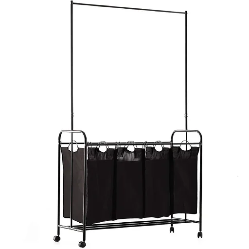 "Laundry basket laundry cart 4 sorting compartments wheels black image"