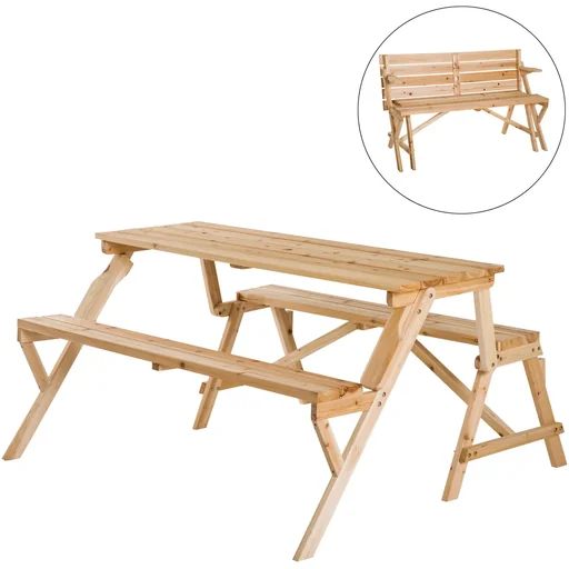 "Beer tent set 2-in-1 foldable seating group garden set 1 x table 2 x bench fir wood natural 138 x 130 x 73 cm image"