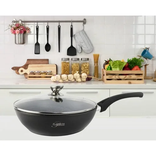 "Platinium Frying Pan / Wok Pan / Pan - 28cm - Glass Lid - Induction - Marble Coating - Scratch-Resistant image"