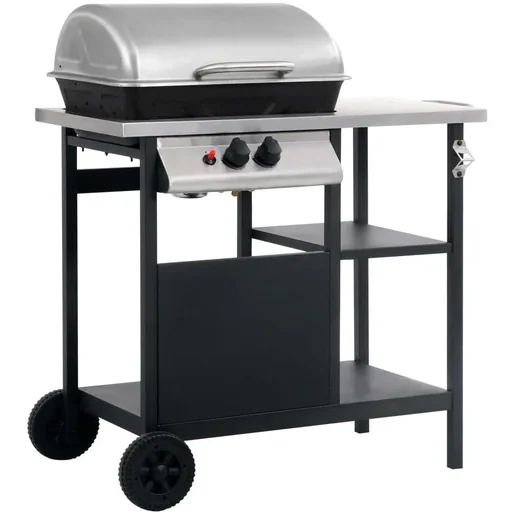 "Gas grill with 3-tier side table black and silver image"