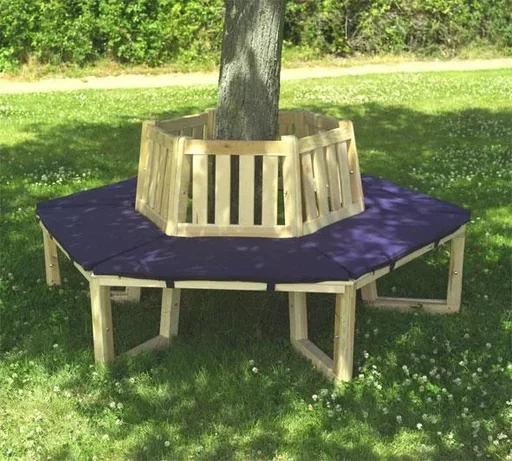 "Tree bench 360° with blue seat cushions image"