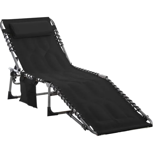 "Folding sun lounger with cushion, adjustable, black, 188 x 57 x 30 cm image"
