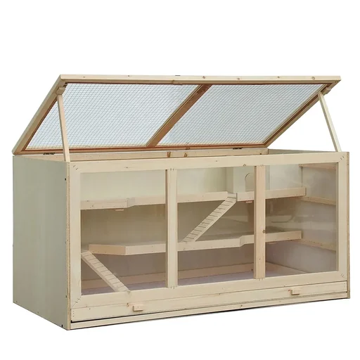 "Hamster cage, rodent cage, mouse cage with stairs, rodent villa, three-story, solid wood, PVC, natural, 115 x 57 x 55 cm image"