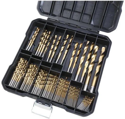 "100-piece titanium HSS drill bit assortment including 100 ml rust remover free of charge image"