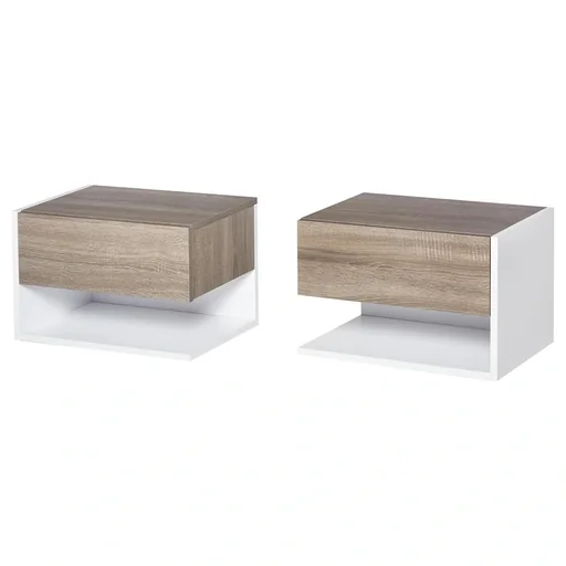 "2-piece wall-mounted bedside table, wall cabinet with drawer, bedroom nightstand, side table, chipboard, oak image"