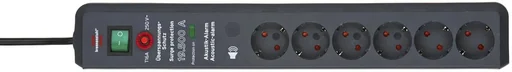 "Secure-Tec 6-way power strip with 19,500A surge protection and acoustic warning signal, grey image"