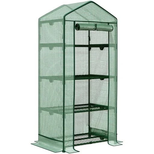 "Mini greenhouse with film cover and 4 shelves, rolling door, vegetable bed, green, 69 x 49 x 158 cm image"