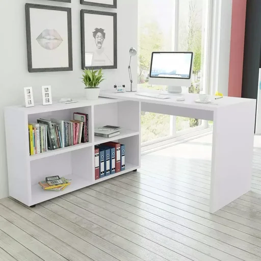 "Corner desk with 4 shelves, white image"