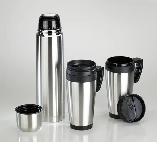 "Travelling set 3-piece, 1 liter insulated bottle + 2 x 400 ml insulated mugs, stainless steel matt, double-walled image"