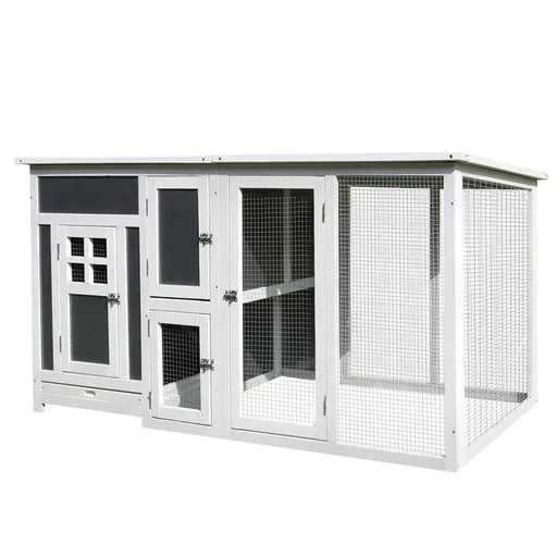 "Chicken coop suitable for 2-4 chickens, with nesting box and egg box with 2 compartments, fir, grey and white, 160 x 75 x 80 image"