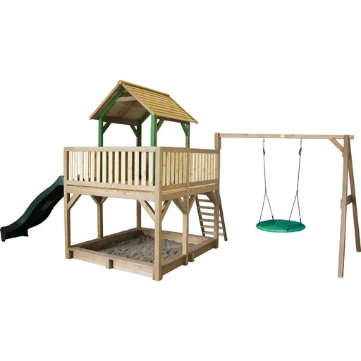 "Atka play tower with Summer Nest swing brown/green - green slide image"