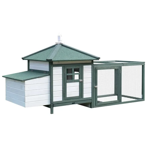 "Bantam chicken coop with run, coop with perches, nesting box, solid wood, white+green, 196 x 76 x 97 cm image"