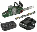 Set accukettingzaag "GMAK 36/40" + 2 Li-Ion-accu's 18 V 2,0 Ah + dubbele snellader + zaagketting 40 cm met titaniumcoating